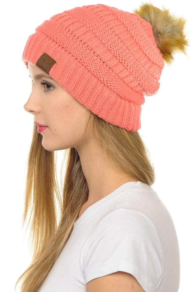 C.C Apparel Coral C.C Hat 43 - Slouchy Thick Warm Cap Hat Skully Faux Fur Pom Pom Cable Knit Beanie