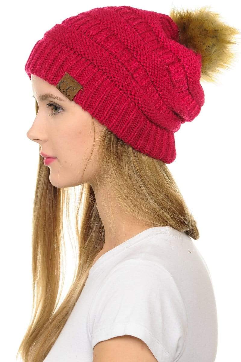 C.C Apparel Hot Pink C.C Hat 43 - Slouchy Thick Warm Cap Hat Skully Faux Fur Pom Pom Cable Knit Beanie