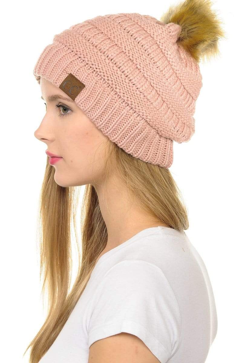 C.C Apparel Indi Pink C.C Hat 43 - Slouchy Thick Warm Cap Hat Skully Faux Fur Pom Pom Cable Knit Beanie