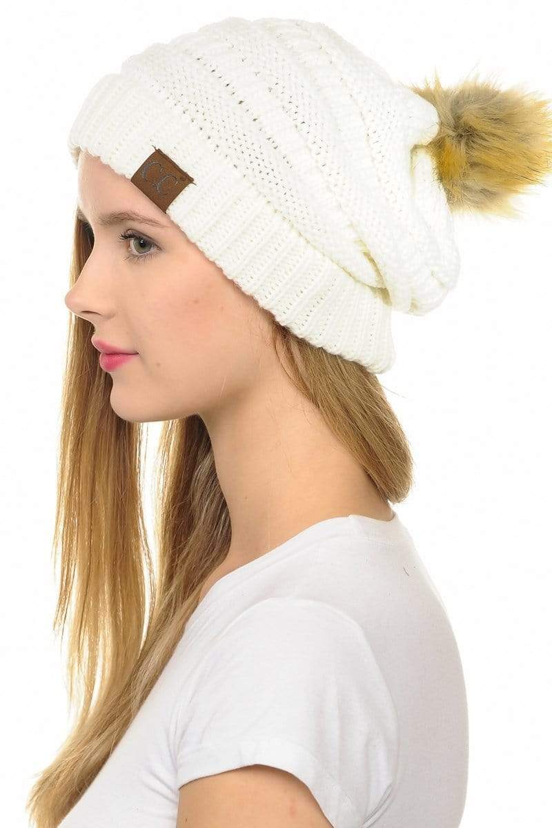 C.C Apparel Ivory C.C Hat 43 - Slouchy Thick Warm Cap Hat Skully Faux Fur Pom Pom Cable Knit Beanie