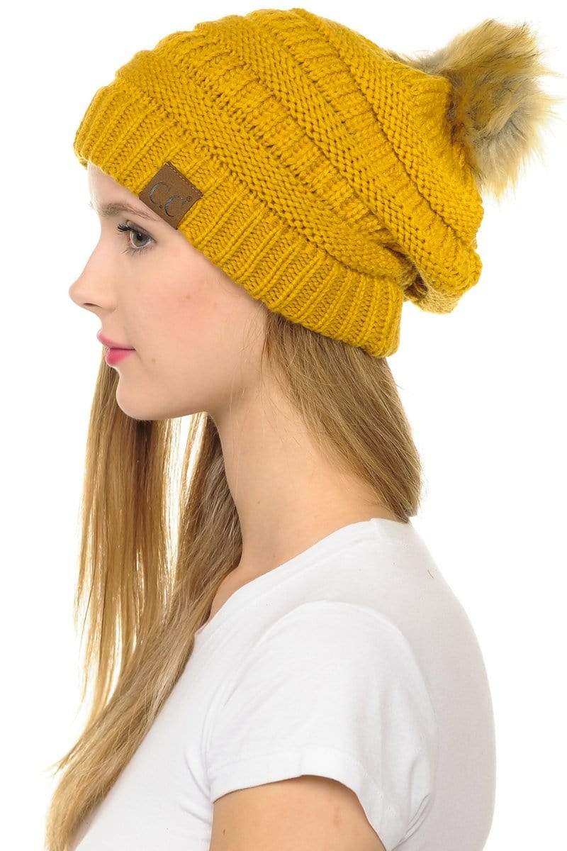 C.C Apparel Mustard C.C Hat 43 - Slouchy Thick Warm Cap Hat Skully Faux Fur Pom Pom Cable Knit Beanie