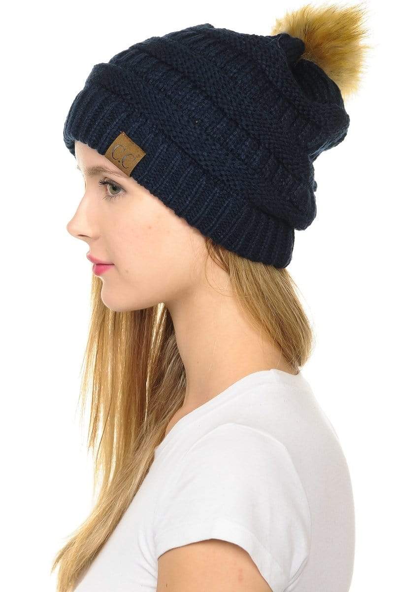 C.C Apparel Navy C.C Hat 43 - Slouchy Thick Warm Cap Hat Skully Faux Fur Pom Pom Cable Knit Beanie