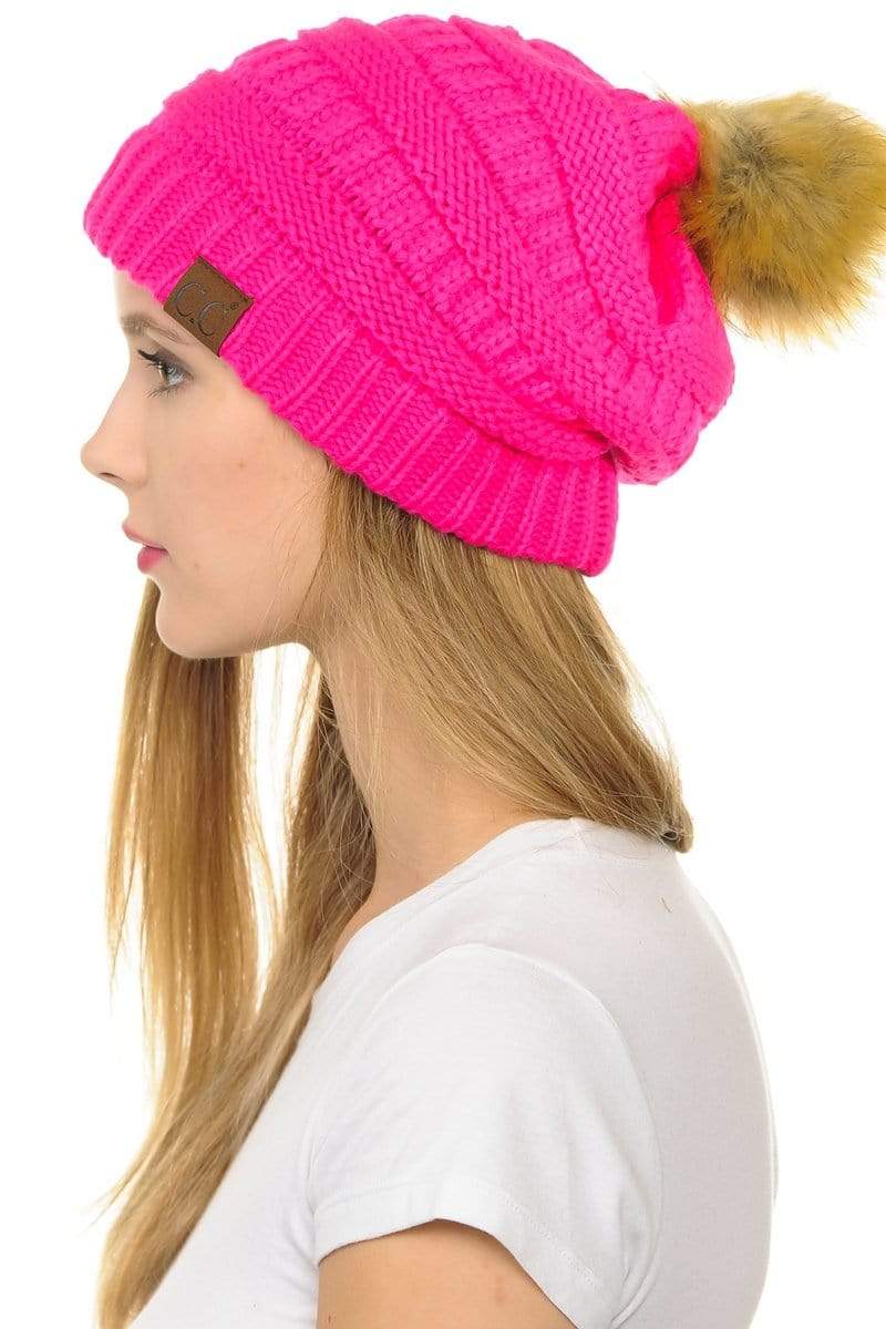 C.C Apparel Neon Hot Pink C.C Hat 43 - Slouchy Thick Warm Cap Hat Skully Faux Fur Pom Pom Cable Knit Beanie