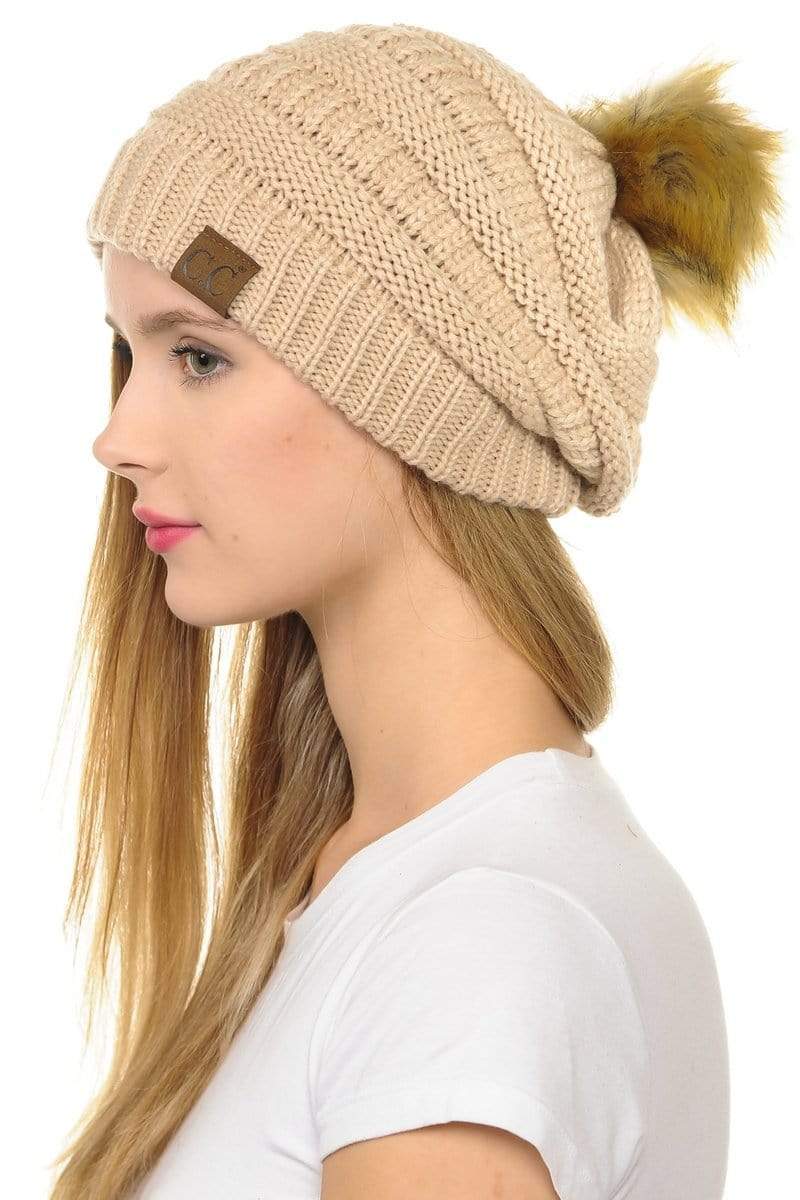 C.C Apparel New Beige C.C Hat 43 - Slouchy Thick Warm Cap Hat Skully Faux Fur Pom Pom Cable Knit Beanie