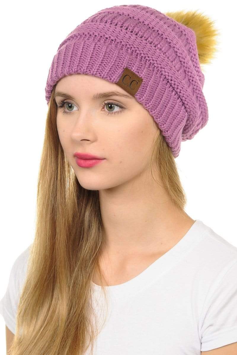 C.C Apparel New Lavender C.C Hat 43 - Slouchy Thick Warm Cap Hat Skully Faux Fur Pom Pom Cable Knit Beanie