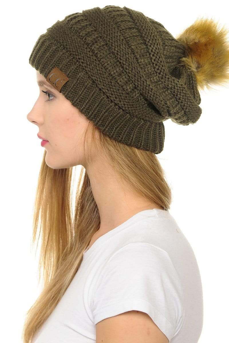 C.C Apparel New Olive C.C Hat 43 - Slouchy Thick Warm Cap Hat Skully Faux Fur Pom Pom Cable Knit Beanie