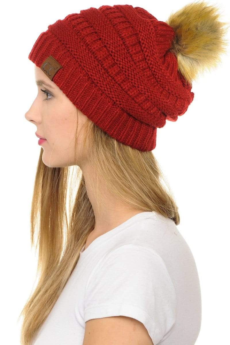 C.C Apparel Red C.C Hat 43 - Slouchy Thick Warm Cap Hat Skully Faux Fur Pom Pom Cable Knit Beanie