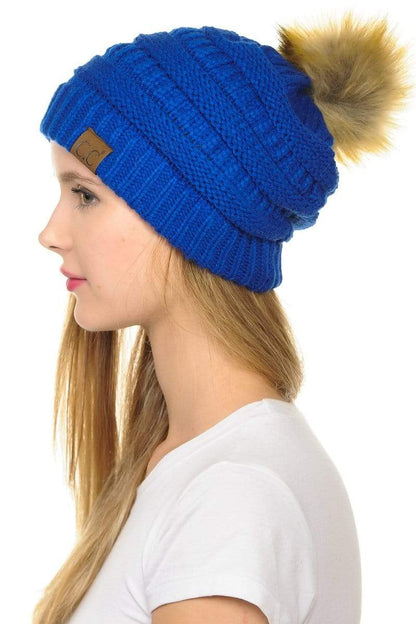 C.C Apparel Royal C.C Hat 43 - Slouchy Thick Warm Cap Hat Skully Faux Fur Pom Pom Cable Knit Beanie