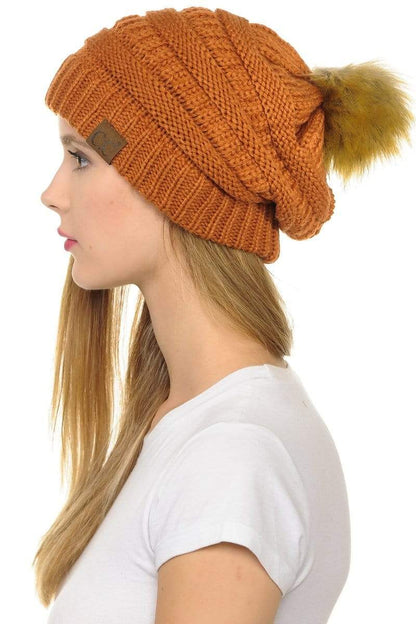 C.C Apparel Rust C.C Hat 43 - Slouchy Thick Warm Cap Hat Skully Faux Fur Pom Pom Cable Knit Beanie
