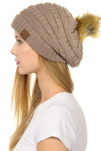 C.C Apparel Taupe C.C Hat 43 - Slouchy Thick Warm Cap Hat Skully Faux Fur Pom Pom Cable Knit Beanie