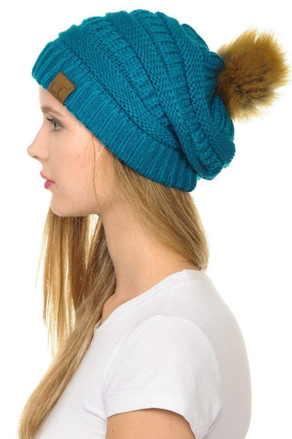 C.C Apparel Teal C.C Hat 43 - Slouchy Thick Warm Cap Hat Skully Faux Fur Pom Pom Cable Knit Beanie