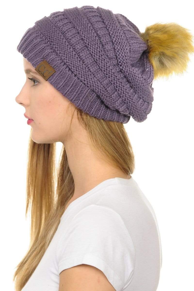 C.C Apparel Violet C.C Hat 43 - Slouchy Thick Warm Cap Hat Skully Faux Fur Pom Pom Cable Knit Beanie