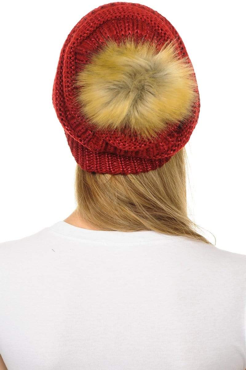 C.C Apparel C.C Hat 43M - Slouchy Thick Warm Cap Hat Skully Metallic Faux Fur Pom Pom Cable Knit Beanie