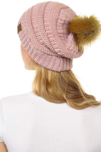 C.C Apparel C.C Hat 43M - Slouchy Thick Warm Cap Hat Skully Metallic Faux Fur Pom Pom Cable Knit Beanie