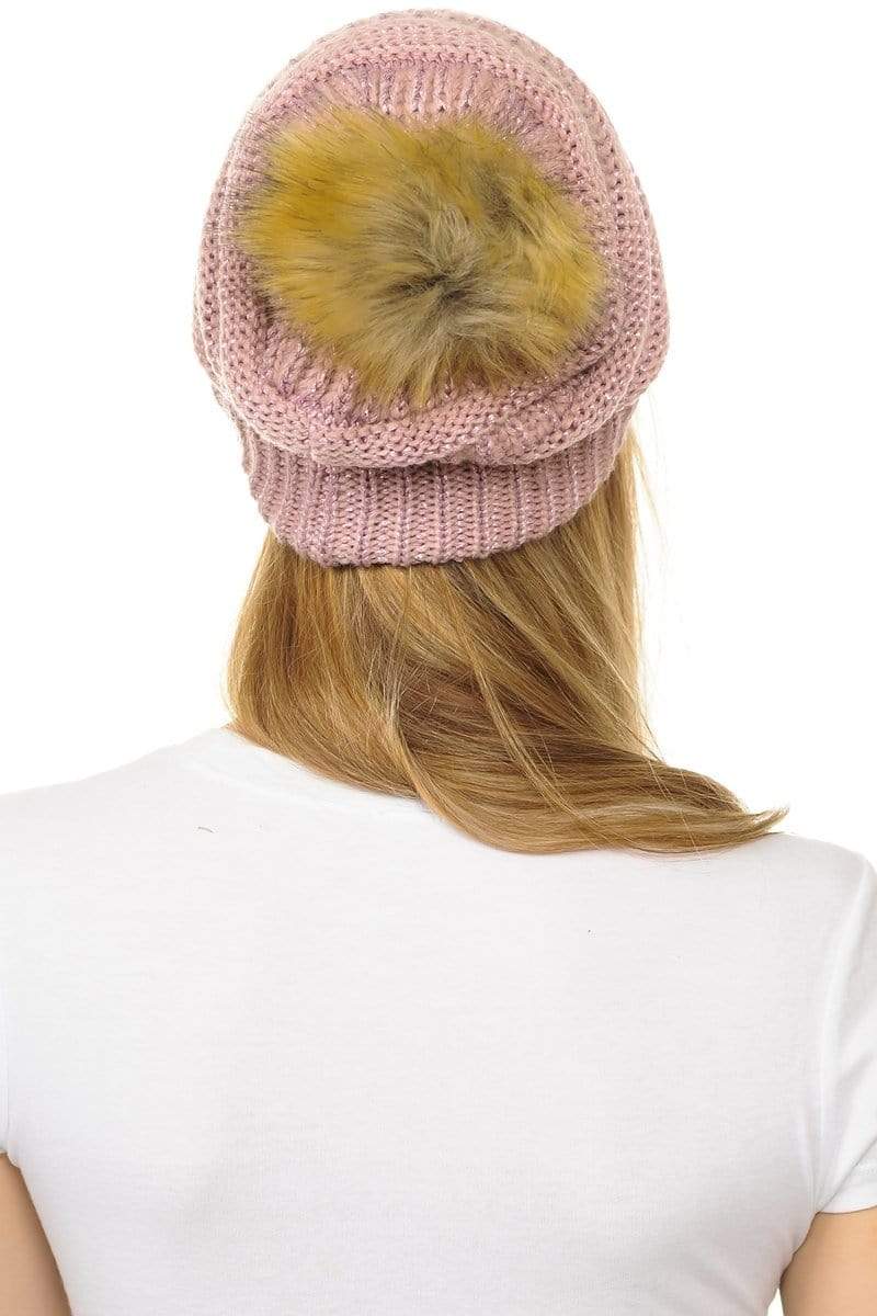 C.C Apparel C.C Hat 43M - Slouchy Thick Warm Cap Hat Skully Metallic Faux Fur Pom Pom Cable Knit Beanie