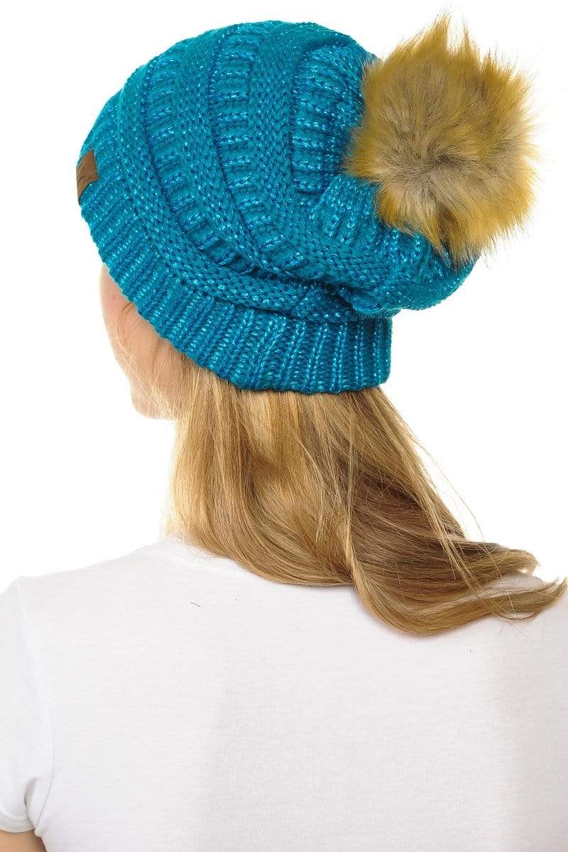 C.C Apparel C.C Hat 43M - Slouchy Thick Warm Cap Hat Skully Metallic Faux Fur Pom Pom Cable Knit Beanie