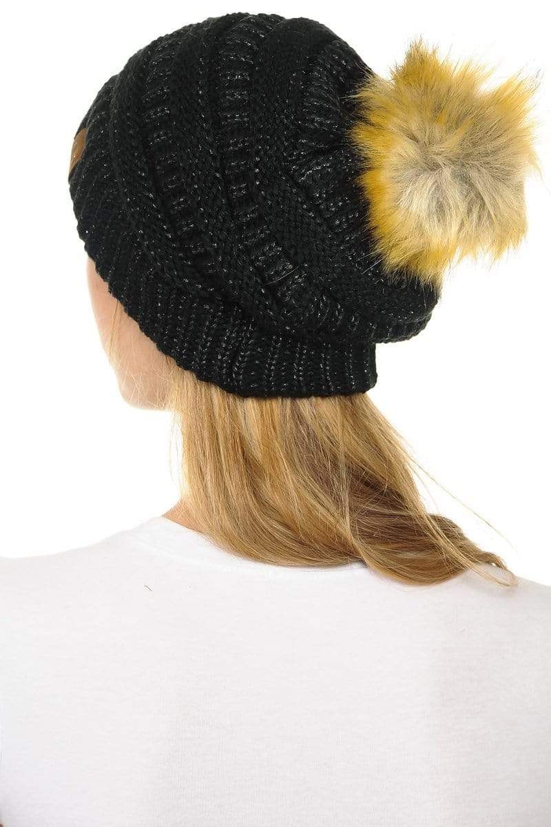 C.C Apparel C.C Hat 43M - Slouchy Thick Warm Cap Hat Skully Metallic Faux Fur Pom Pom Cable Knit Beanie