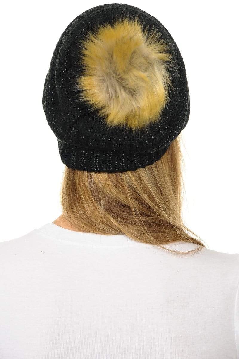 C.C Apparel C.C Hat 43M - Slouchy Thick Warm Cap Hat Skully Metallic Faux Fur Pom Pom Cable Knit Beanie