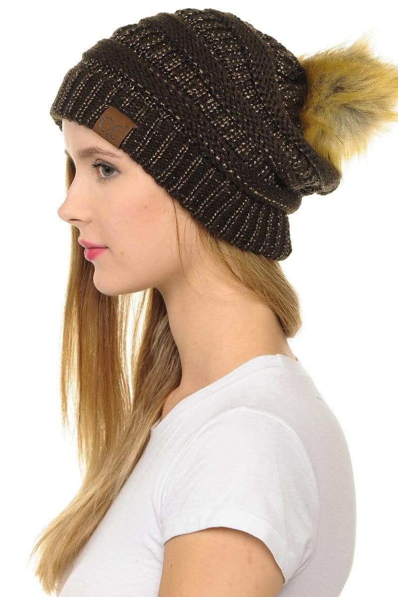 C.C Apparel C.C Hat 43M - Slouchy Thick Warm Cap Hat Skully Metallic Faux Fur Pom Pom Cable Knit Beanie