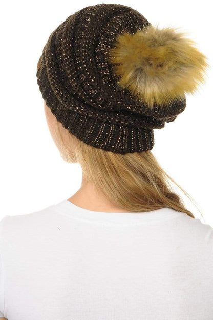 C.C Apparel C.C Hat 43M - Slouchy Thick Warm Cap Hat Skully Metallic Faux Fur Pom Pom Cable Knit Beanie