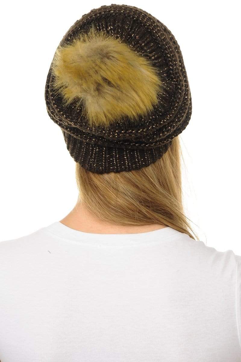 C.C Apparel C.C Hat 43M - Slouchy Thick Warm Cap Hat Skully Metallic Faux Fur Pom Pom Cable Knit Beanie