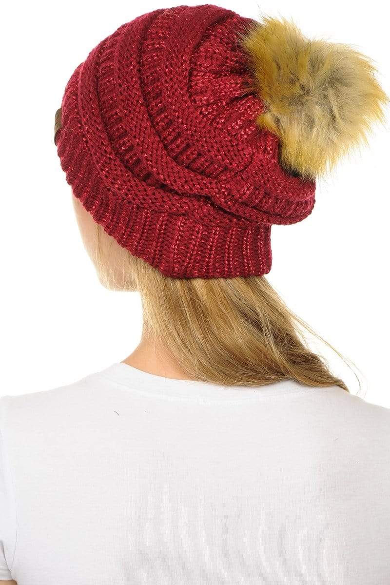 C.C Apparel C.C Hat 43M - Slouchy Thick Warm Cap Hat Skully Metallic Faux Fur Pom Pom Cable Knit Beanie