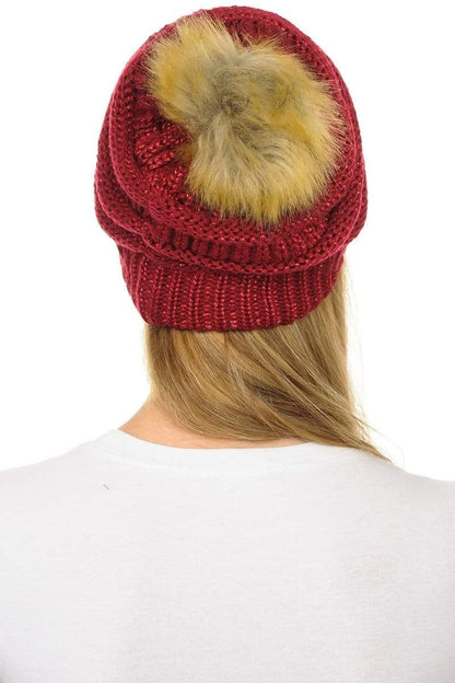 C.C Apparel C.C Hat 43M - Slouchy Thick Warm Cap Hat Skully Metallic Faux Fur Pom Pom Cable Knit Beanie