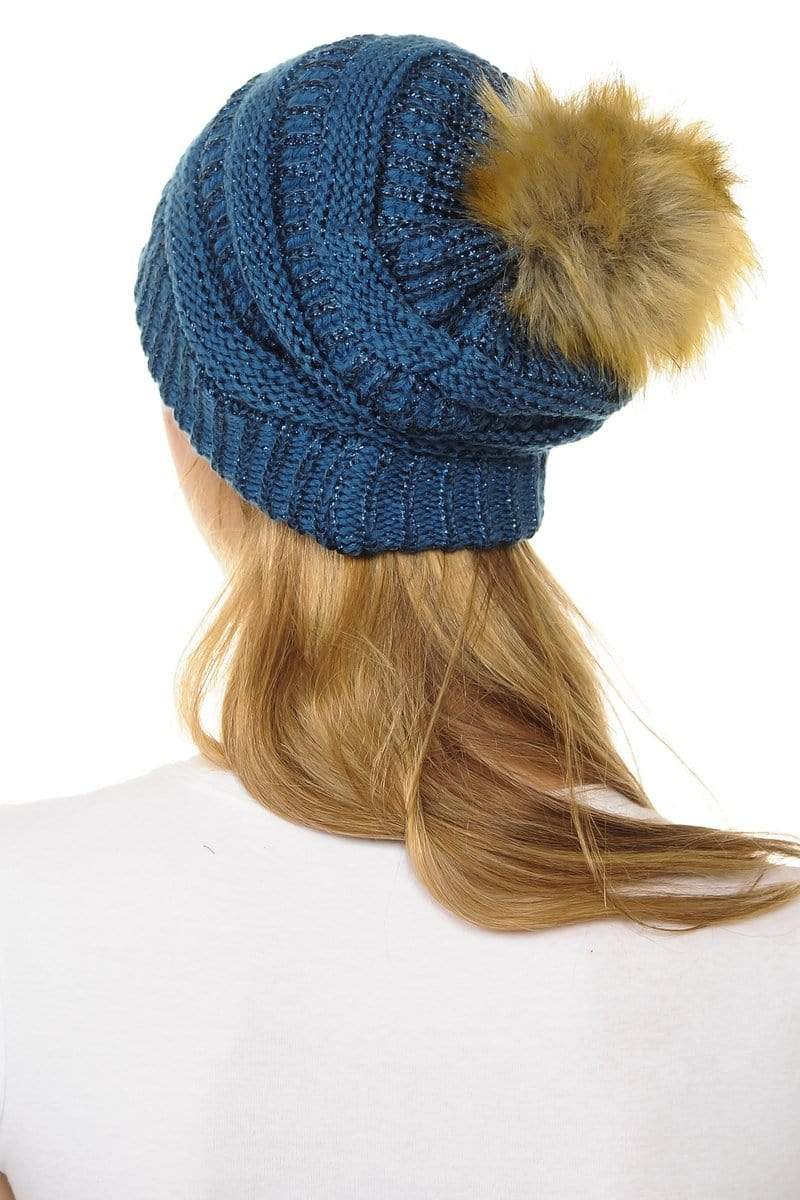 C.C Apparel C.C Hat 43M - Slouchy Thick Warm Cap Hat Skully Metallic Faux Fur Pom Pom Cable Knit Beanie