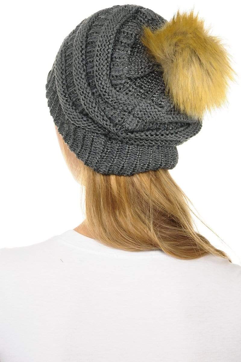 C.C Apparel C.C Hat 43M - Slouchy Thick Warm Cap Hat Skully Metallic Faux Fur Pom Pom Cable Knit Beanie