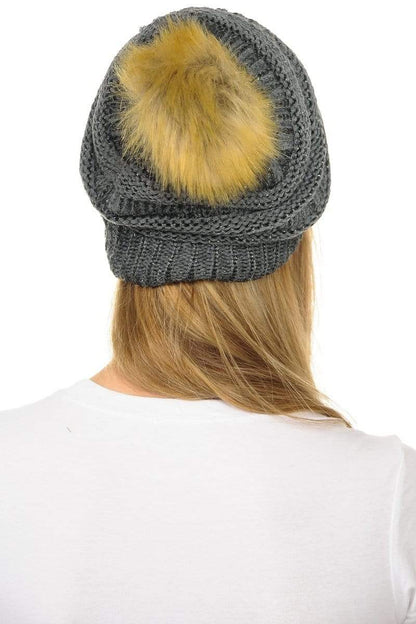 C.C Apparel C.C Hat 43M - Slouchy Thick Warm Cap Hat Skully Metallic Faux Fur Pom Pom Cable Knit Beanie