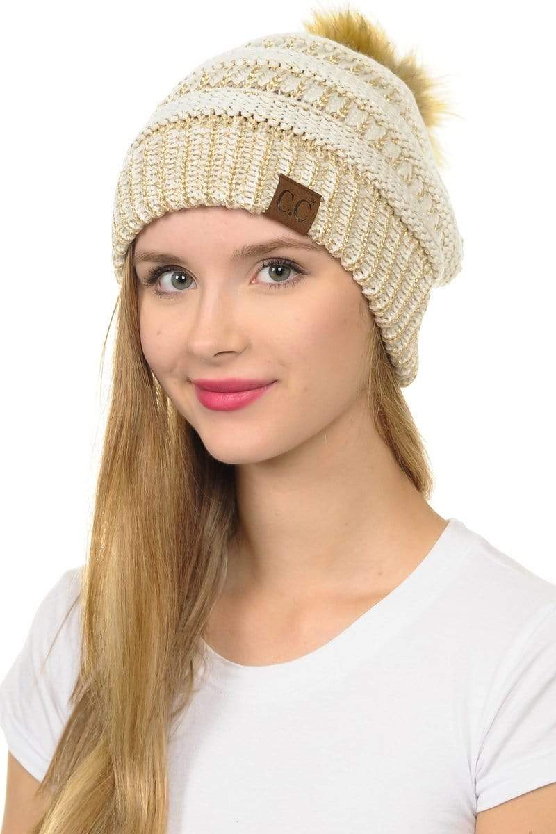 C.C Apparel C.C Hat 43M - Slouchy Thick Warm Cap Hat Skully Metallic Faux Fur Pom Pom Cable Knit Beanie