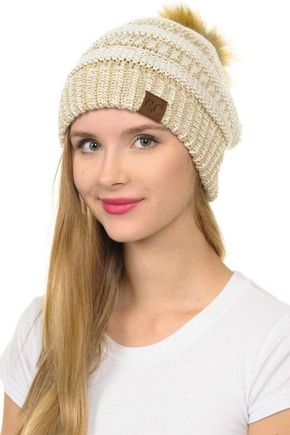 C.C Apparel C.C Hat 43M - Slouchy Thick Warm Cap Hat Skully Metallic Faux Fur Pom Pom Cable Knit Beanie