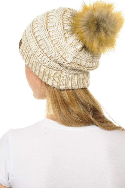 C.C Apparel C.C Hat 43M - Slouchy Thick Warm Cap Hat Skully Metallic Faux Fur Pom Pom Cable Knit Beanie