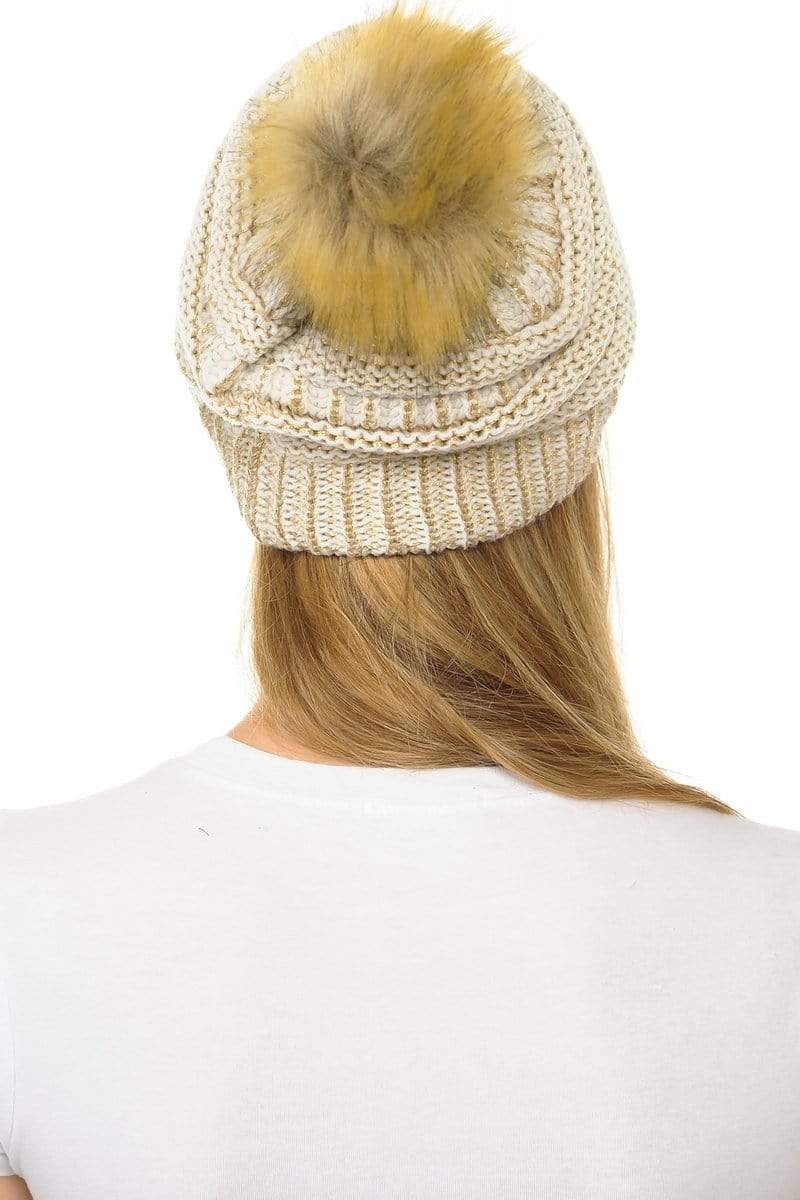 C.C Apparel C.C Hat 43M - Slouchy Thick Warm Cap Hat Skully Metallic Faux Fur Pom Pom Cable Knit Beanie