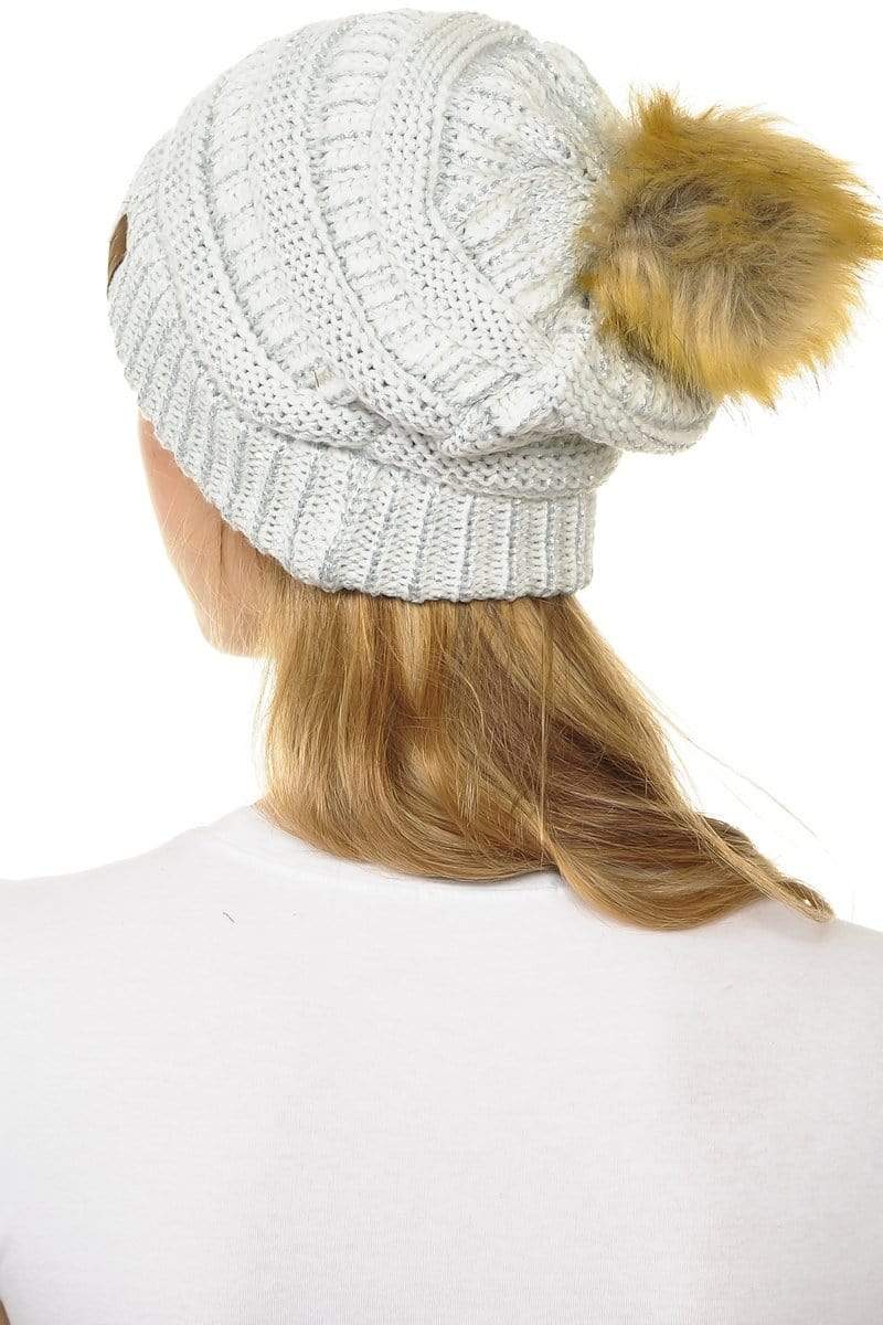 C.C Apparel C.C Hat 43M - Slouchy Thick Warm Cap Hat Skully Metallic Faux Fur Pom Pom Cable Knit Beanie