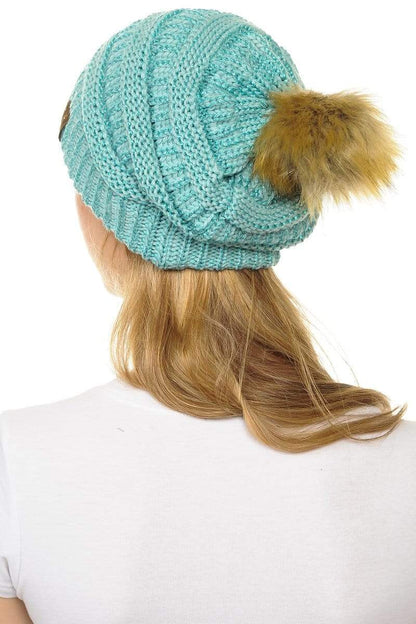 C.C Apparel C.C Hat 43M - Slouchy Thick Warm Cap Hat Skully Metallic Faux Fur Pom Pom Cable Knit Beanie