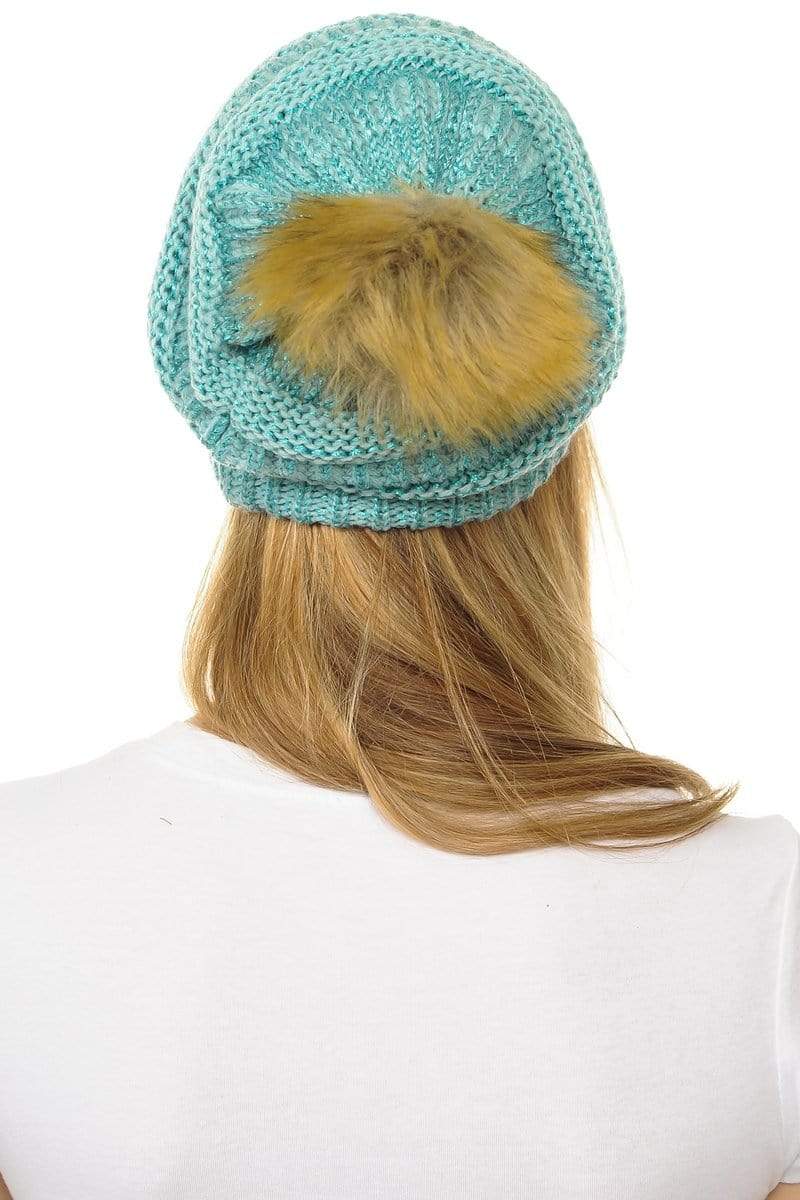 C.C Apparel C.C Hat 43M - Slouchy Thick Warm Cap Hat Skully Metallic Faux Fur Pom Pom Cable Knit Beanie