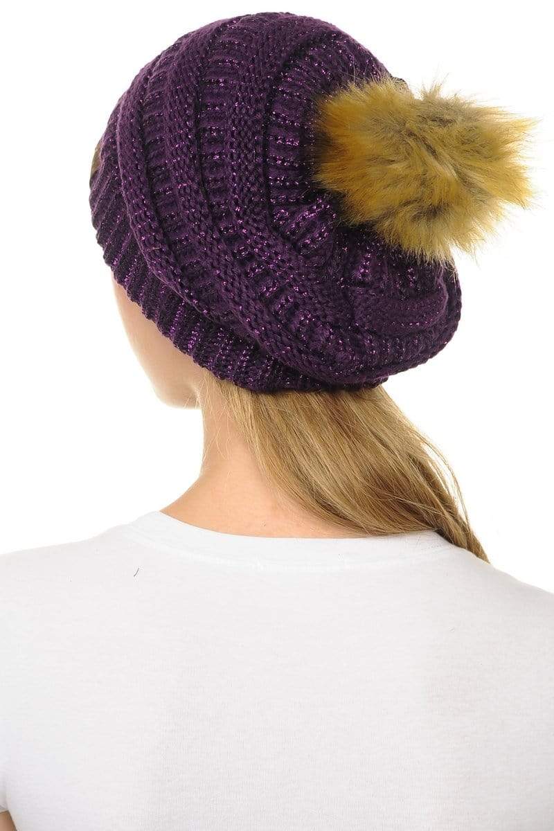 C.C Apparel C.C Hat 43M - Slouchy Thick Warm Cap Hat Skully Metallic Faux Fur Pom Pom Cable Knit Beanie