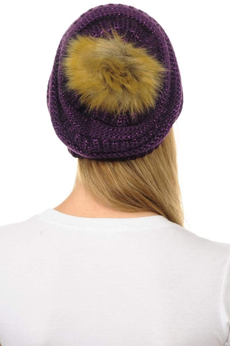 C.C Apparel C.C Hat 43M - Slouchy Thick Warm Cap Hat Skully Metallic Faux Fur Pom Pom Cable Knit Beanie