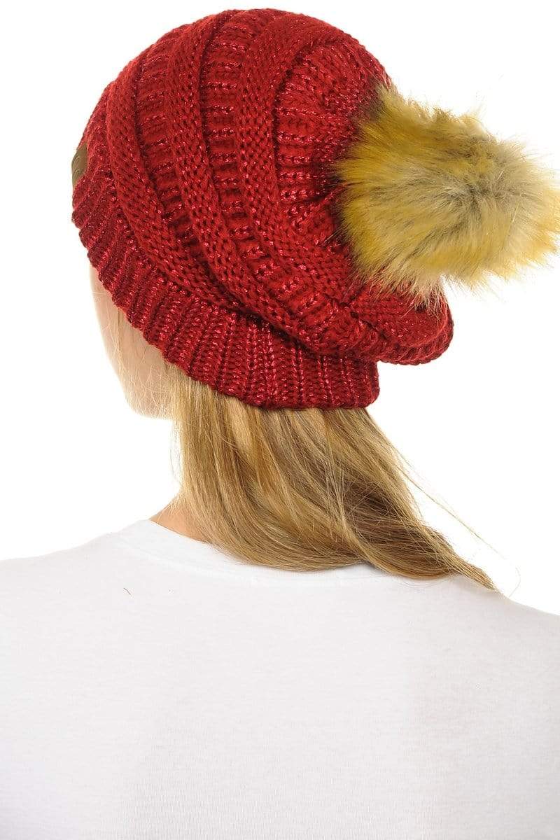 C.C Apparel C.C Hat 43M - Slouchy Thick Warm Cap Hat Skully Metallic Faux Fur Pom Pom Cable Knit Beanie