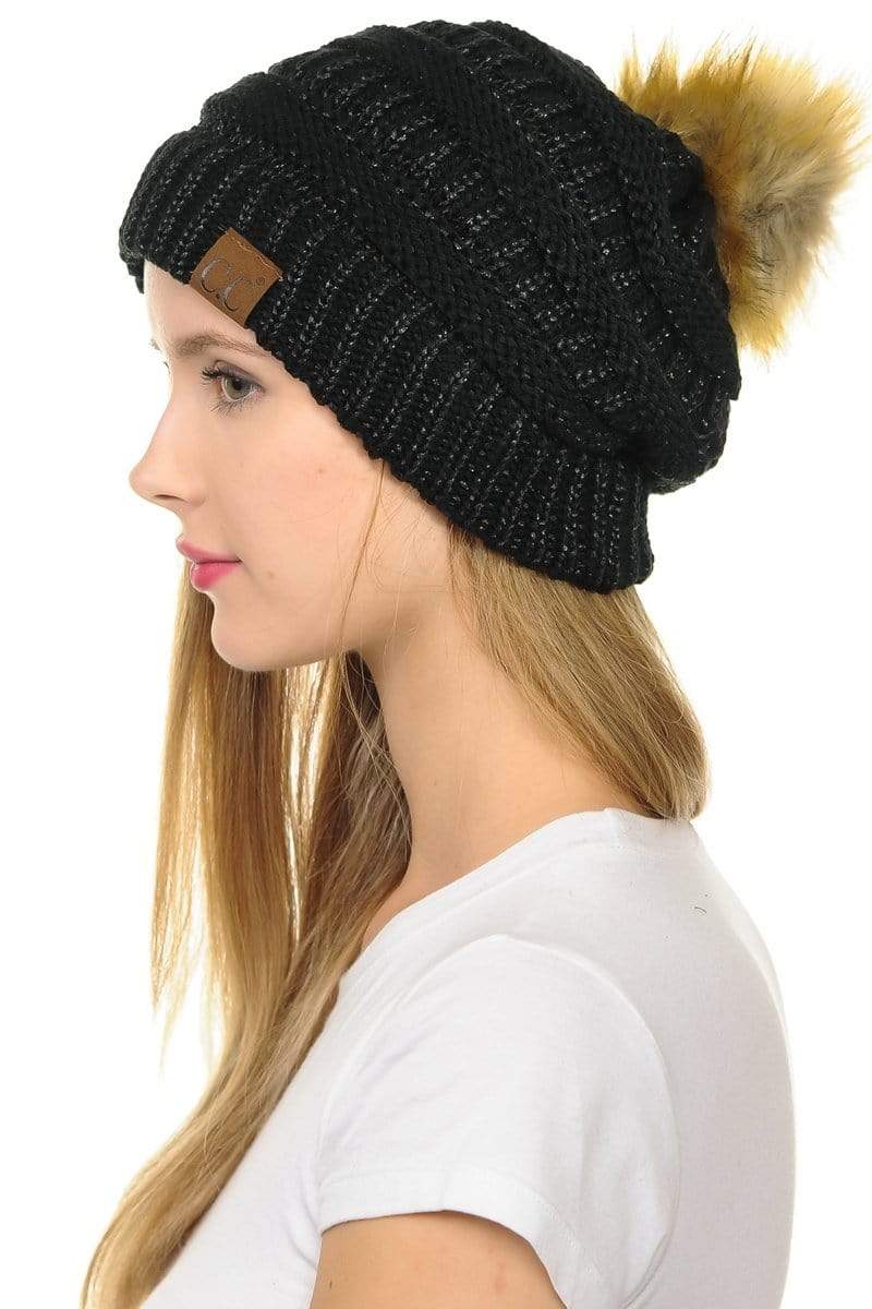 C.C Apparel Black C.C Hat 43M - Slouchy Thick Warm Cap Hat Skully Metallic Faux Fur Pom Pom Cable Knit Beanie