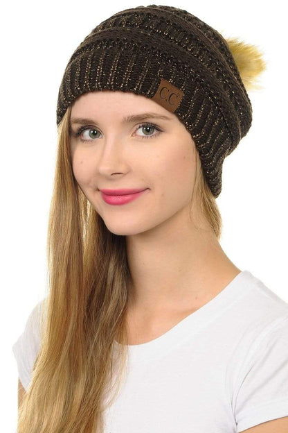 C.C Apparel Brown C.C Hat 43M - Slouchy Thick Warm Cap Hat Skully Metallic Faux Fur Pom Pom Cable Knit Beanie