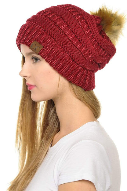 C.C Apparel Burgundy C.C Hat 43M - Slouchy Thick Warm Cap Hat Skully Metallic Faux Fur Pom Pom Cable Knit Beanie