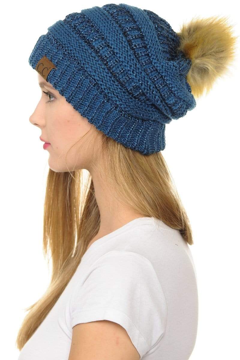 C.C Apparel Dark Denim C.C Hat 43M - Slouchy Thick Warm Cap Hat Skully Metallic Faux Fur Pom Pom Cable Knit Beanie