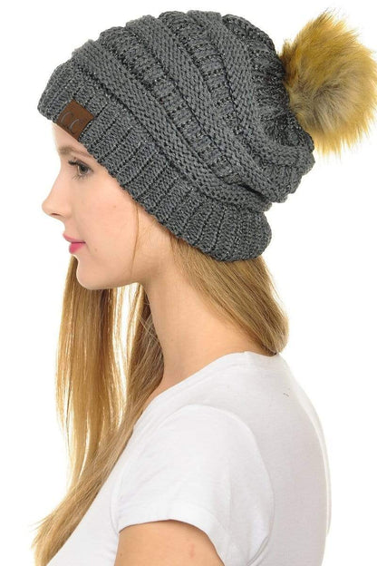 C.C Apparel Dark Melange C.C Hat 43M - Slouchy Thick Warm Cap Hat Skully Metallic Faux Fur Pom Pom Cable Knit Beanie