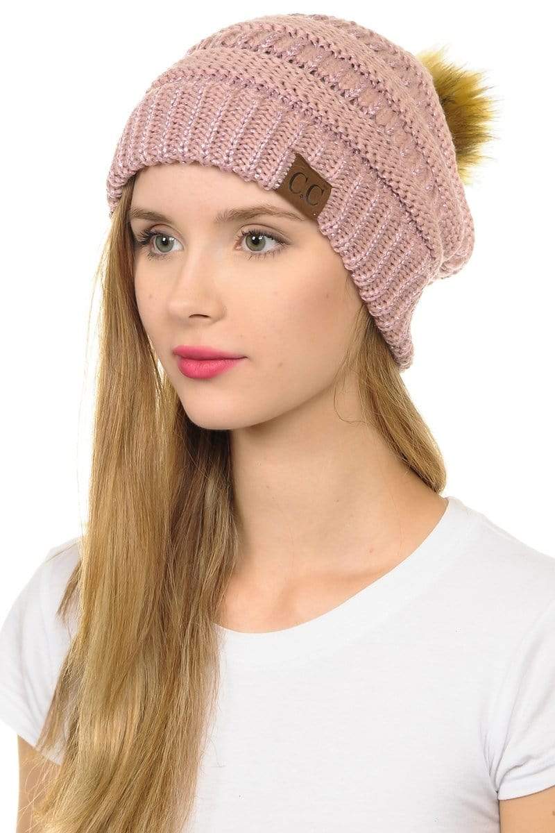 C.C Apparel Dark Rose C.C Hat 43M - Slouchy Thick Warm Cap Hat Skully Metallic Faux Fur Pom Pom Cable Knit Beanie