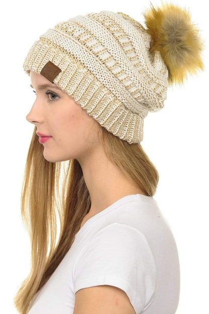 C.C Apparel Ivory/Gold C.C Hat 43M - Slouchy Thick Warm Cap Hat Skully Metallic Faux Fur Pom Pom Cable Knit Beanie