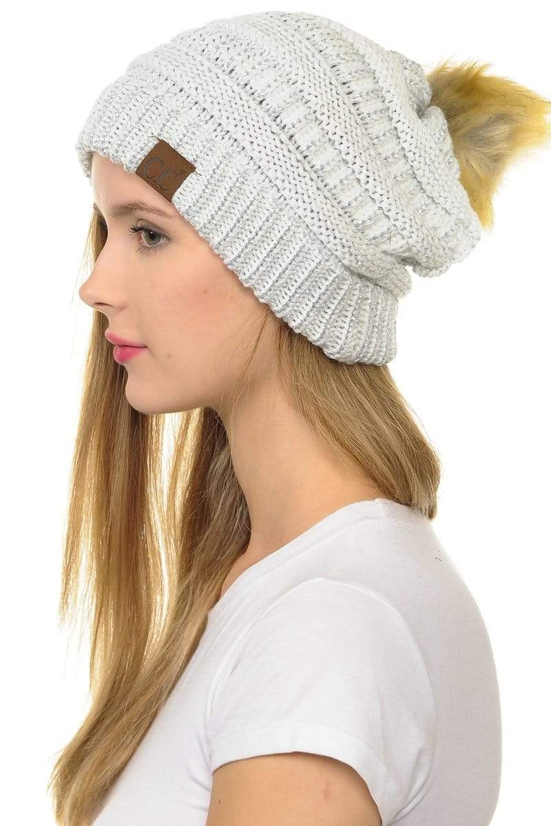 C.C Apparel Ivory/Silver C.C Hat 43M - Slouchy Thick Warm Cap Hat Skully Metallic Faux Fur Pom Pom Cable Knit Beanie