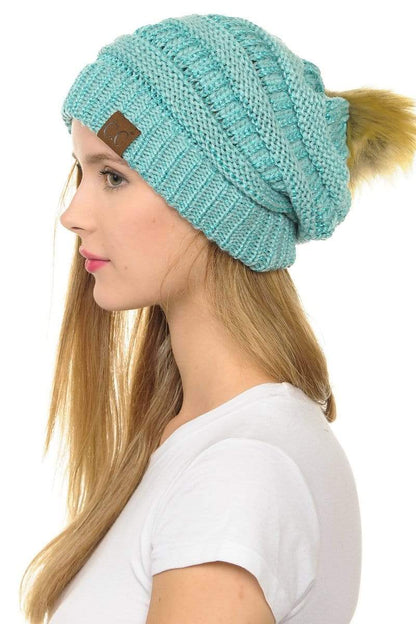 C.C Apparel Mint C.C Hat 43M - Slouchy Thick Warm Cap Hat Skully Metallic Faux Fur Pom Pom Cable Knit Beanie