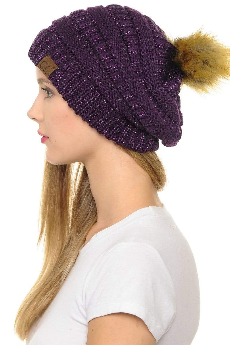 C.C Apparel Purple C.C Hat 43M - Slouchy Thick Warm Cap Hat Skully Metallic Faux Fur Pom Pom Cable Knit Beanie